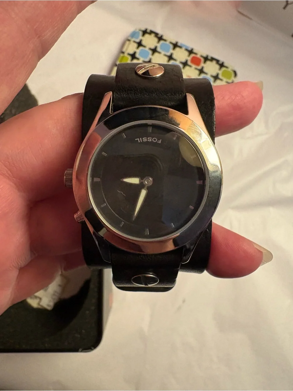 Fossil Big Tick Mens Black Leather Cuff Watch with Silver Case